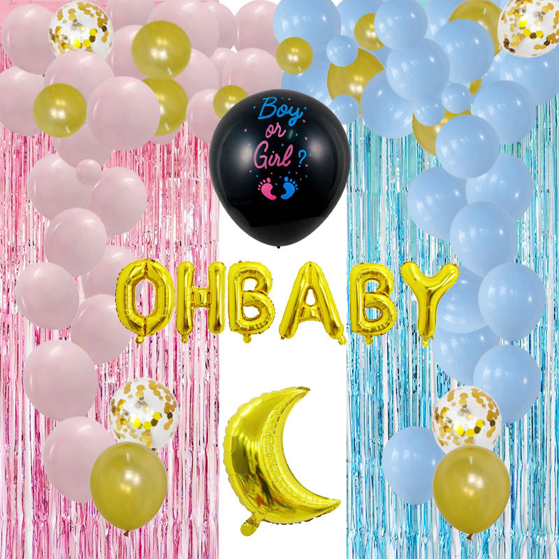 Gender Reveal Balloon - OH BABY - Balloon and Metallic Fringe Curtain Set image 0