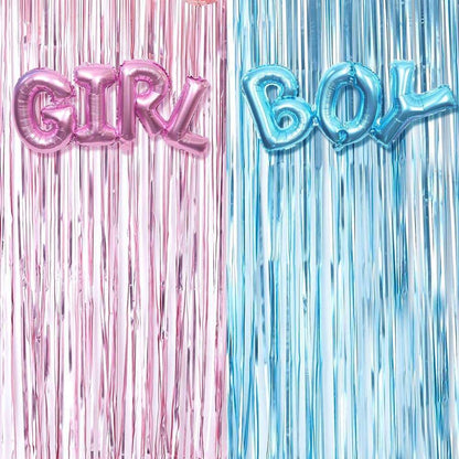Gender Reveal Metallic Decoration Set - Blue and Pink Curtains - Boy or Girl Foil Balloons image 0