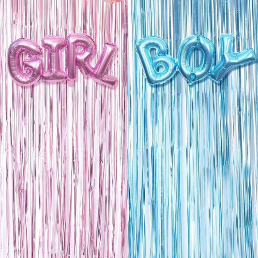 Gender Reveal Metallic Decoration Set - Blue and Pink Curtains - Boy or Girl Foil Balloons image 0